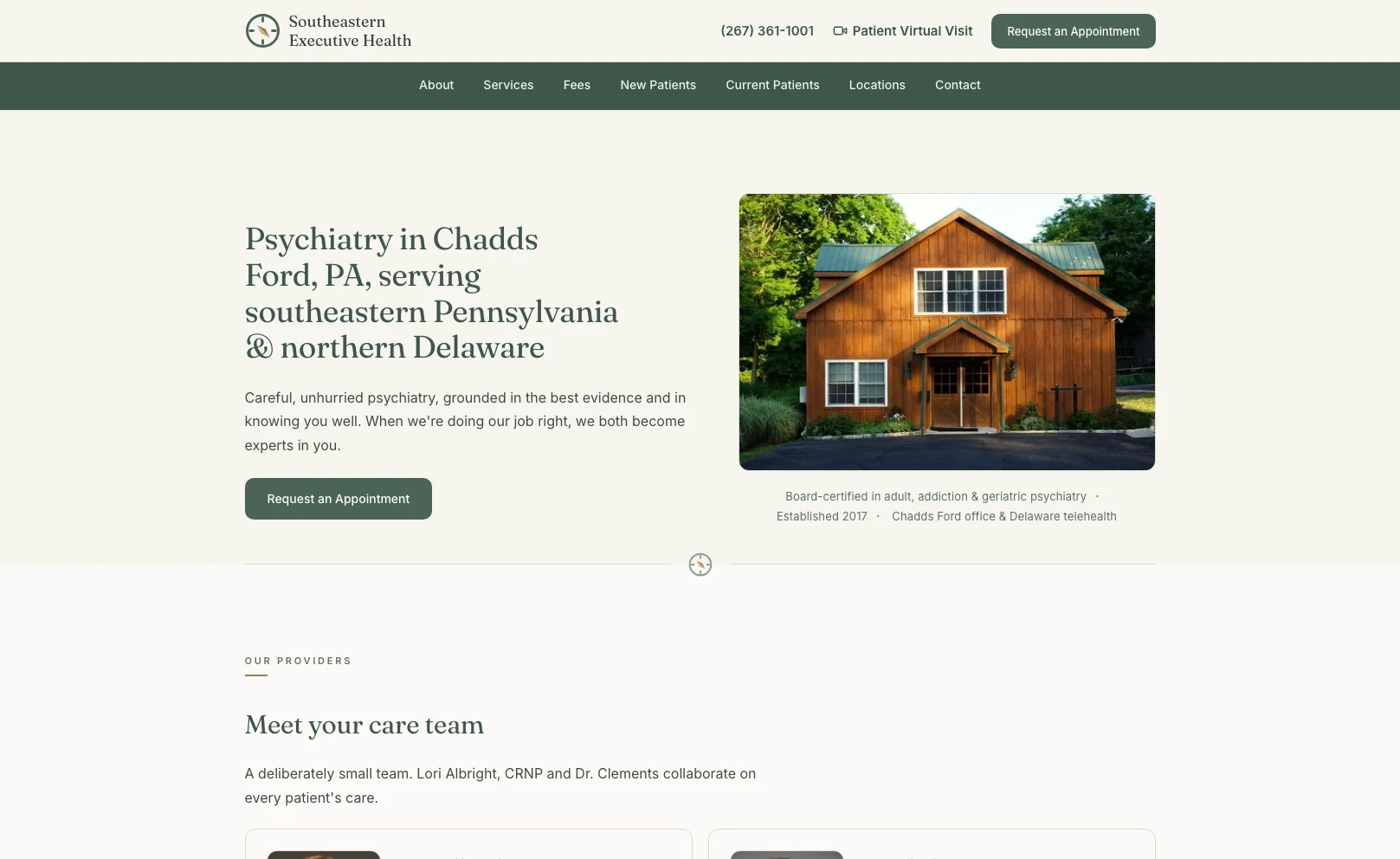 Southeastern Executive Health website homepage showing a psychiatry practice in Chadds Ford, Pennsylvania.